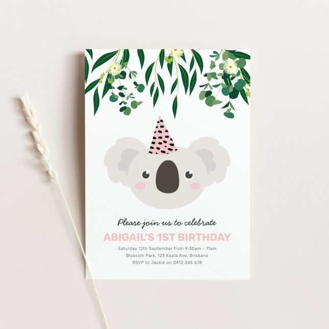 Koala med Rosa Party Hat Birthday-inbjudan Inbjudningar (Skapare uppladdad)