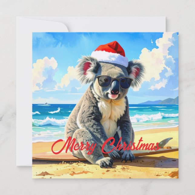 Koala med Santa hatt sol och surf  Julkort (Framsida)