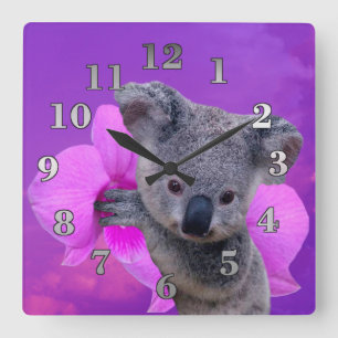 Koala och Orchid Fyrkantig Klocka