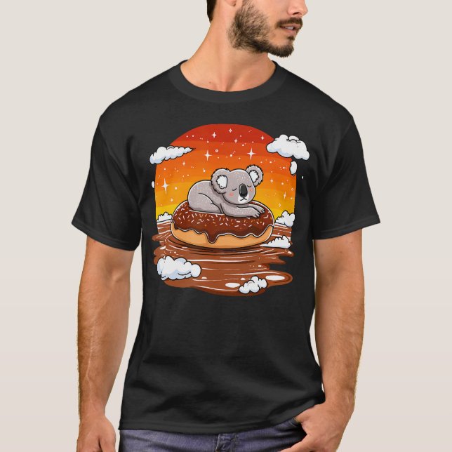 Koala On Donut Floating In Sunset T Shirt (Framsida)