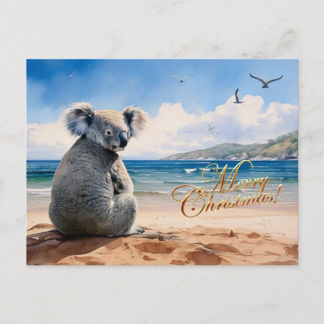 Koala på en sandstrand God jul Vykort (Framsida)