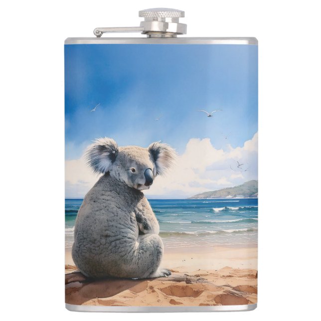 Koala på sandstrand fickplunta (Framsidan)
