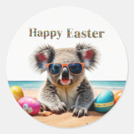 Koala på stranden med påskägg Glad påsk Runt Klistermärke
