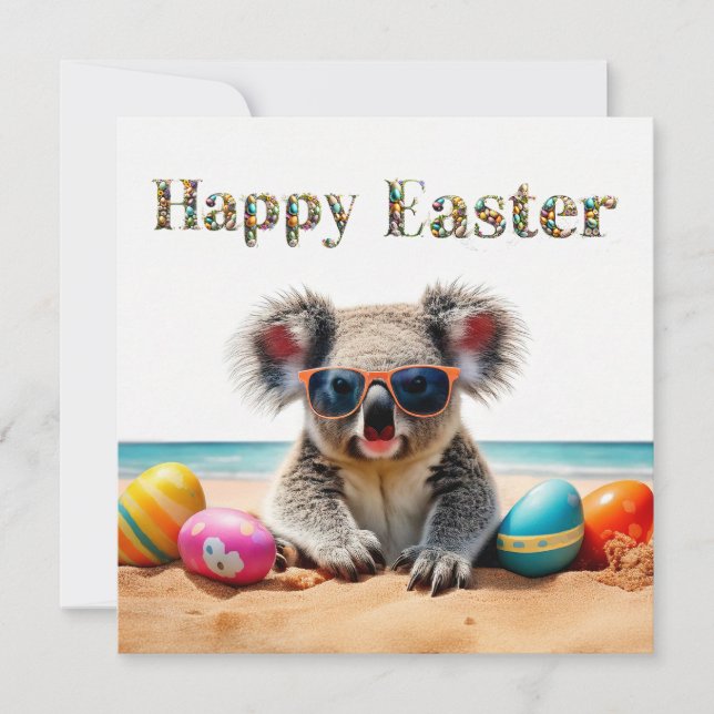 Koala på stranden med Påskäggen Glad påsk Julkort (Framsida)