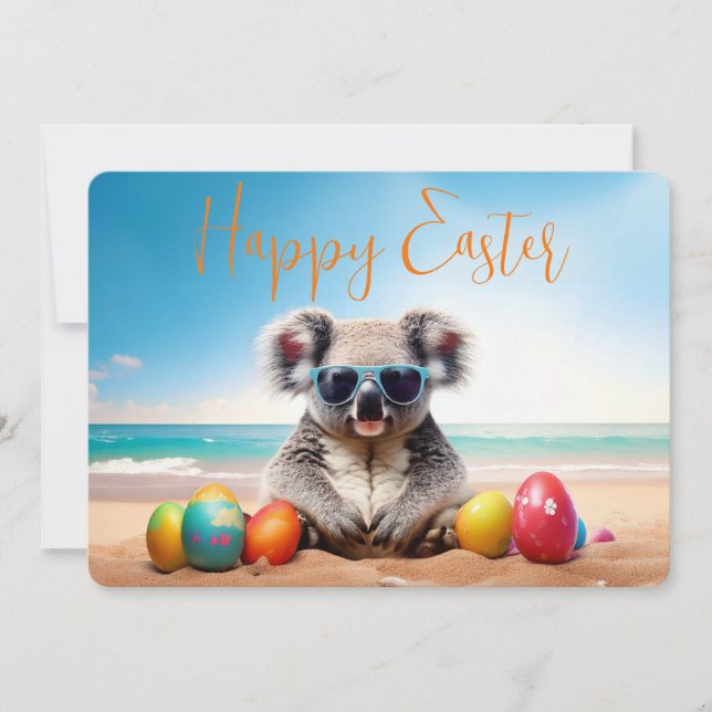 Koala på stranden med Påskäggen Glad påsk Julkort (Framsida)