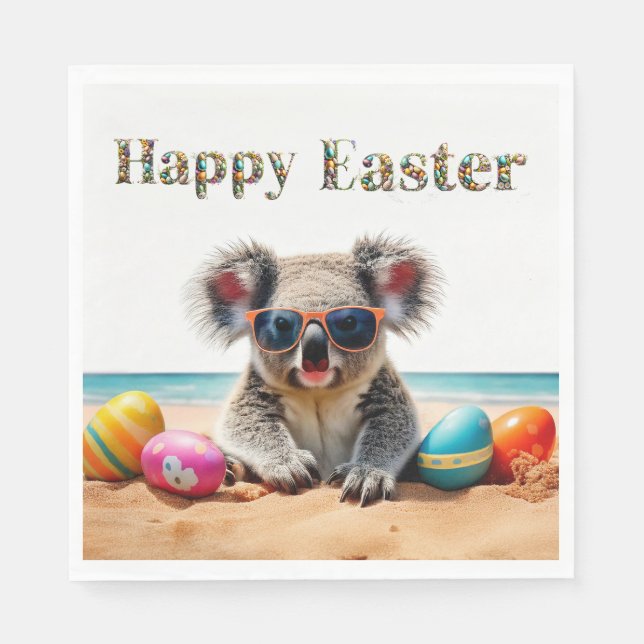 Koala på stranden med Påskäggen Glad påsk Pappersservett (Framsidan)