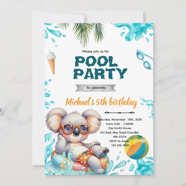 Koala pool party födelsedagsinbjudan inbjudningar (Framsida)