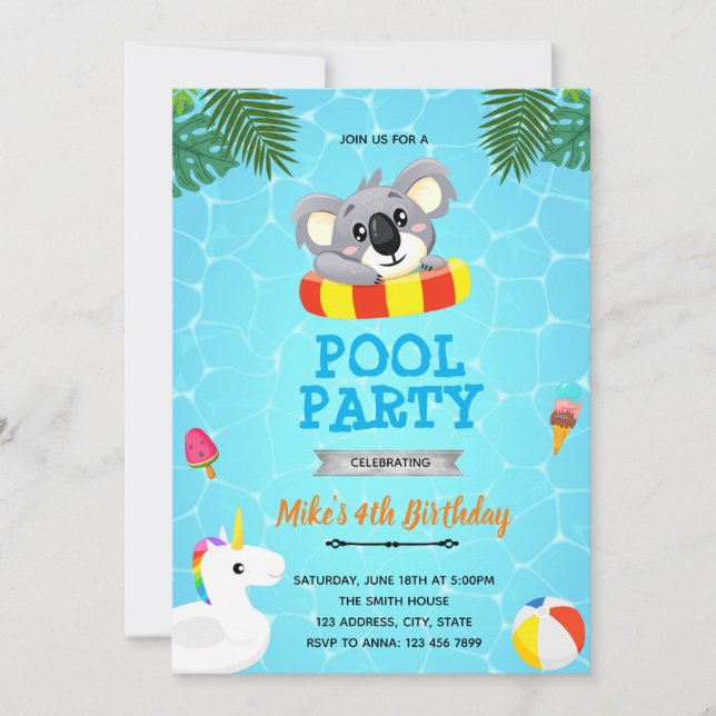 Koala poolparty inbjudan (Framsida)