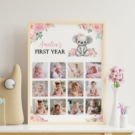 Koala Rosa Blommigt första året Foto Milestone-sig Poster