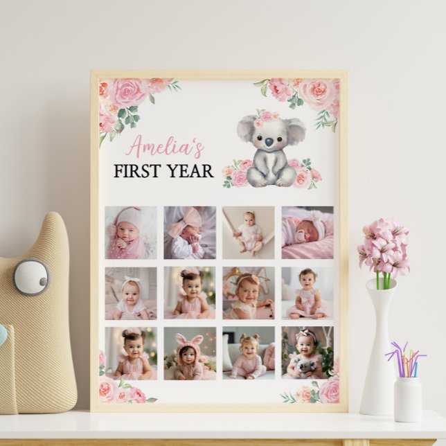 Koala Rosa Blommigt första året Foto Milestone-sig Poster (Skapare uppladdad)