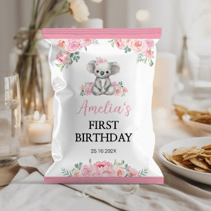 Koala Rosa Blommigt Girl Birthday Chip Bag Wrapper Reklamblad
