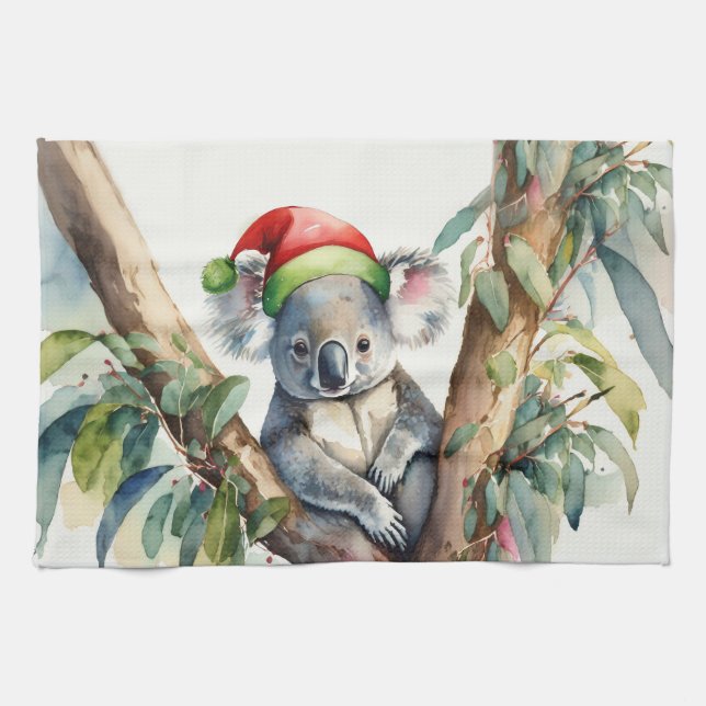 Koala Santa Hat sitta i ett gumtree Kökshandduk (Horisontell)