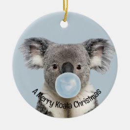 Koala som blåser en blå bubbelgum julhälsning julgransprydnad keramik