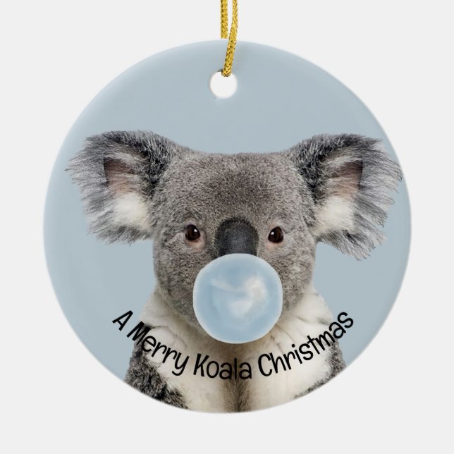 Koala som blåser en blå bubbelgum julhälsning julgransprydnad keramik (Framsidan)