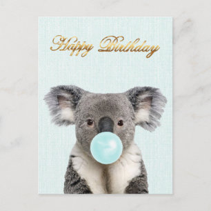 Koala som blåser en blå bubbelgum vykort
