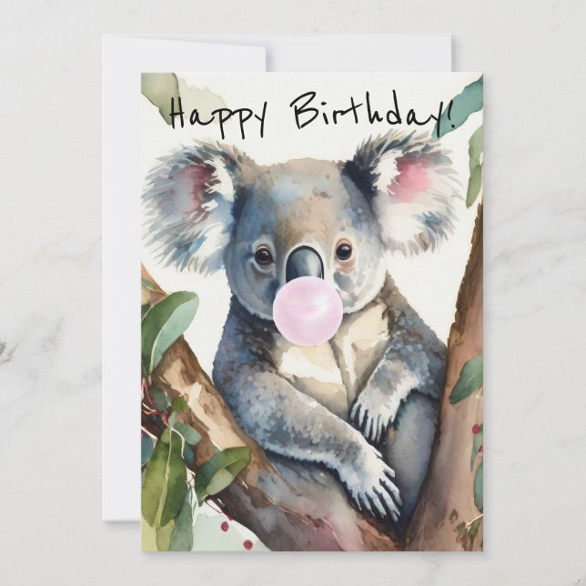 Koala som blåser en rosa bubbelgum julkort (Framsida)