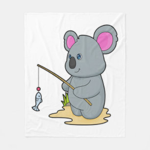 Koala som Fisher med fiskstavar och fisk Fleecefilt