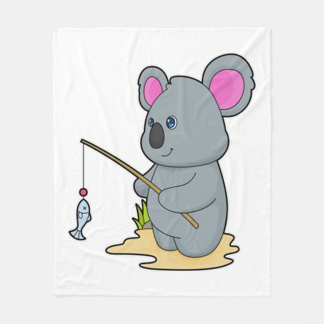 Koala som Fisher med fiskstavar och fisk Fleecefilt (Framsidan)