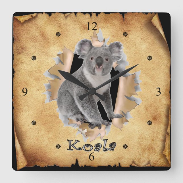 Koala spricker genom Papprare Bag Clock! ~ Fyrkantig Klocka (Framsida)