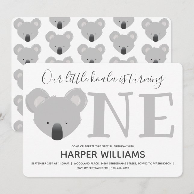 Koala Turning One Cute Animal 1:a födelsedagen Inbjudningar (Fram/baksida)