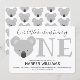 Koala Turning One Cute Animal 1:a födelsedagen Inbjudningar