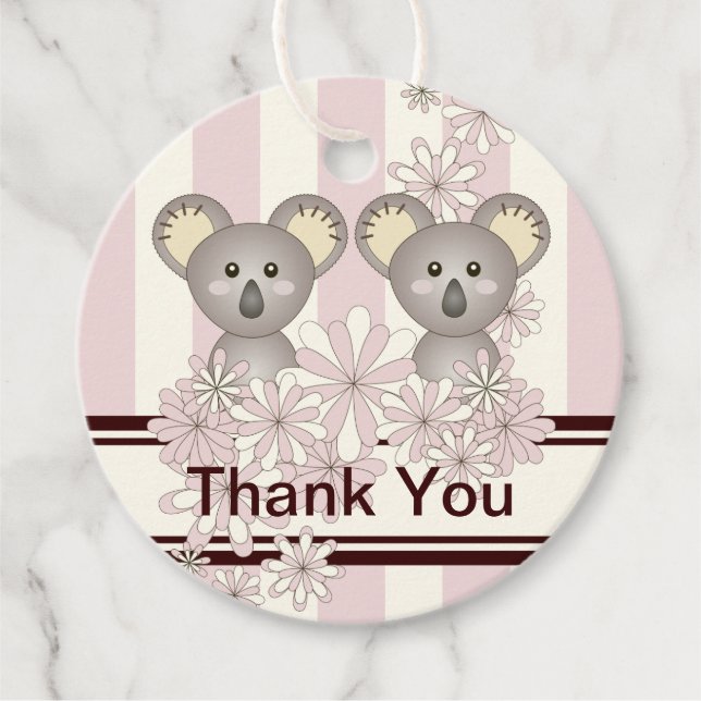 Koala Twin Girl Baby Shower / Birthday Tack Gåvor Etiketter (Framsida)