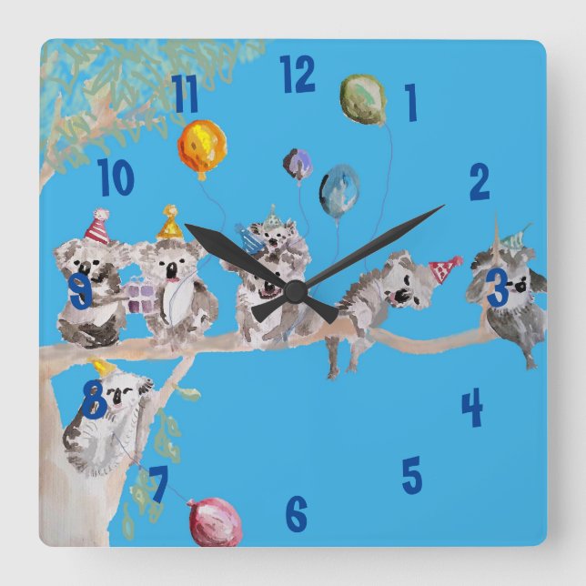 Koala Watercolor Art Blue Barn Nursery Clock Fyrkantig Klocka (Framsida)