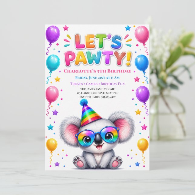 Koalas födelsedagsfestinbjudan Let's Pawty Inbjudningar (Stående Fram)