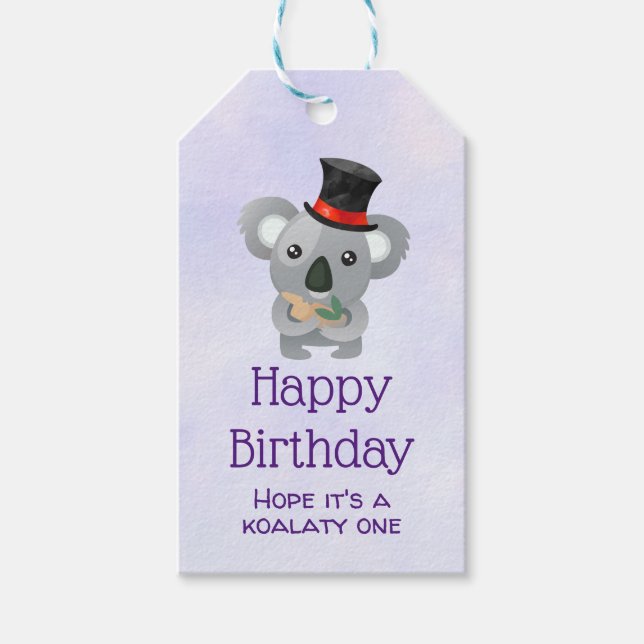 Koalaty Birthday Pun Cute Koala i Top hat Presentetikett (Framsidan)