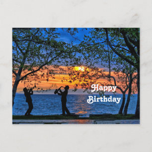 Koastal Sunset Musician Silhouette Birthday Vykort
