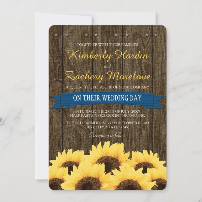 KOBALT BLUE RUSTIC SUNFLOWER WEDING INVITATION INBJUDNINGAR (Framsida)