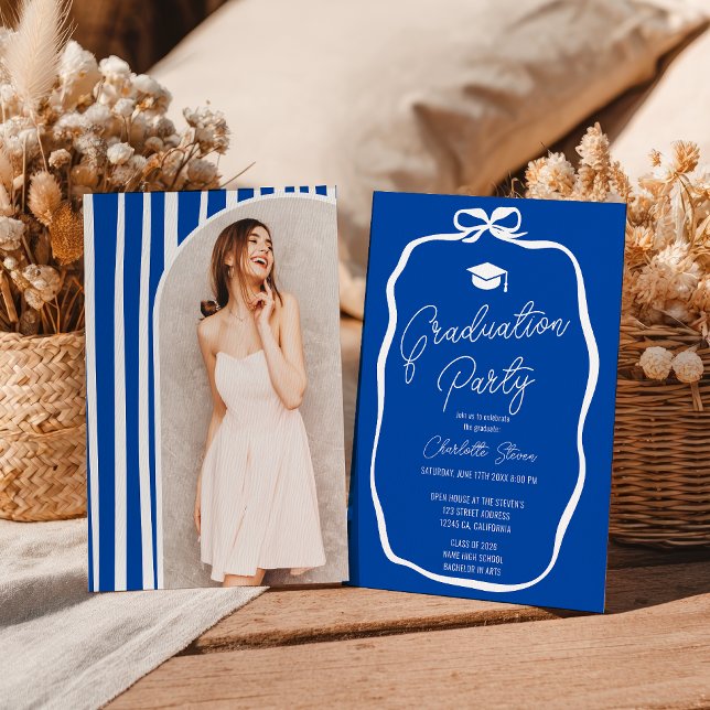 Koboltblå Coquette-smycke fotoexamen Inbjudningar (Cobalt Blue Coquette Bow photo graduation Invitation)