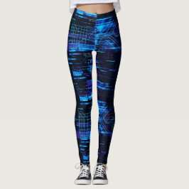 Koboltblå Cyber Glitch Matrix Dataflöde Leggings