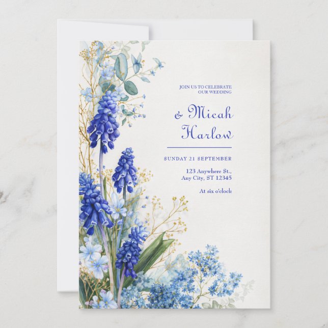 Koboltblå Muscari Akvarell Botanisk Kant Inbjudningar (Framsida)