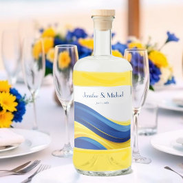 Koboltblå och citrongul modern bröllopsfest spritflaskor etikett
