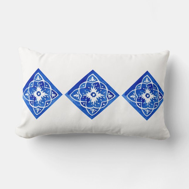 Koboltblå och vit Medelhavsbricka Lumbarkudde (Framsida)