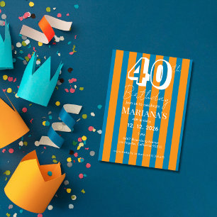 Koboltblå & Orange Ränder Modern 40-årsfest Inbjudningar