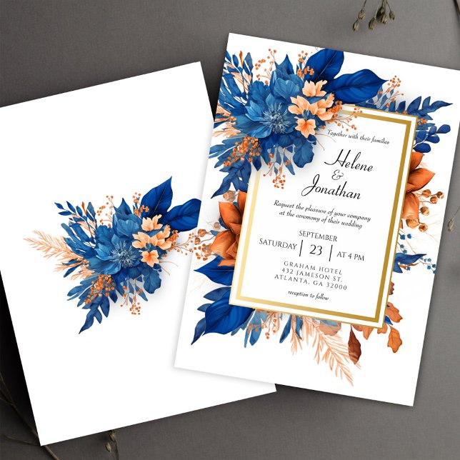 Koboltblå Orange Terrakotta Boho Elegant Bröllop Inbjudningar (Cobalt Blue Orange Terracotta Boho Elegant Wedding Invitation)