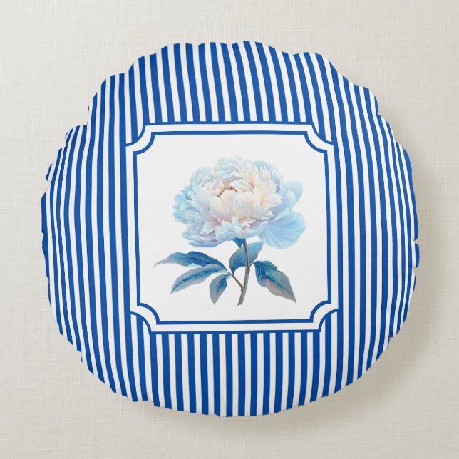 Koboltblå randig blommönster rund kudde (Framsidan)