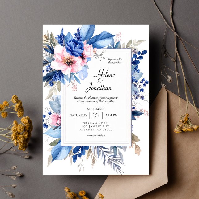 Koboltblå Rosa Boho Chic Blommig Elegant Bröllop Inbjudningar (Cobalt Blue Pink Boho Chic Floral Elegant Wedding Invitation)
