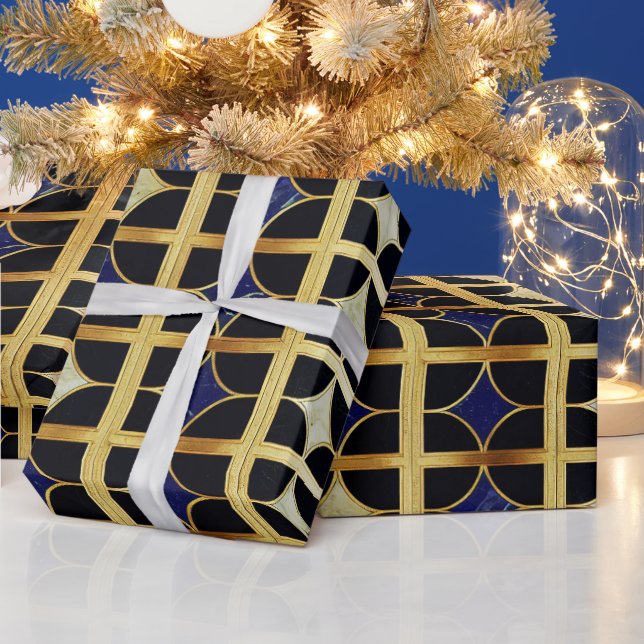 Koboltblått och guld Art Deco mönster i marmor Presentpapper (Helgdagar)