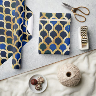 Koboltblått och guld Art Deco mönster i marmor Presentpapper