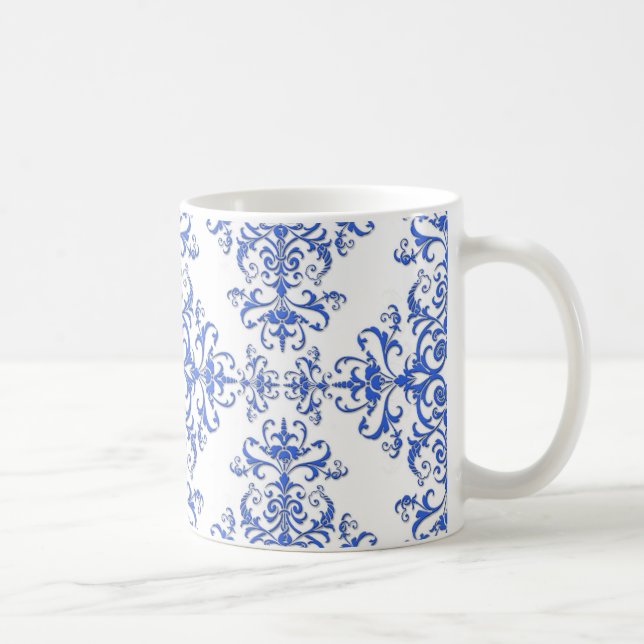 Koboltblått och vitt blomsterdamastliknande mönste kaffemugg (Höger)