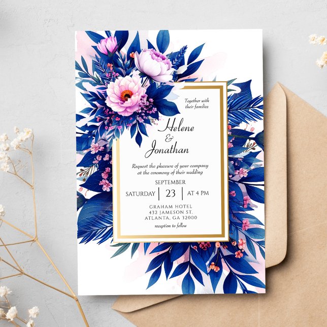Koboltblått  Rosan Blommigt Elegant bröllop Inbjudningar (Cobalt Blue Blush Pink Floral Elegant Wedding Invitation)