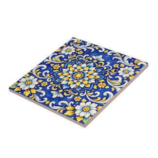 Koboltblomster Medaljongplatta Kakelplatta