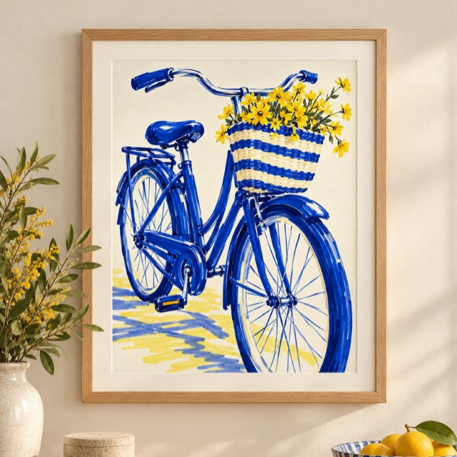 Koboltcykel söndagskonsttryck poster (Styled display of Cobalt Bicycle Sunday Art Print. Frame, mat and furnishings shown for illustration; select framing options separately.)