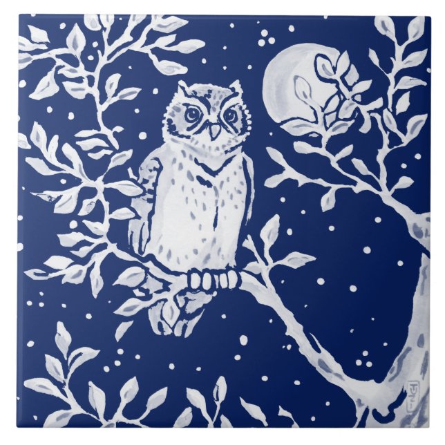 Koboltflottan Blue Woodland Animal Uggla Night Mån Kakelplatta (Framsidan)