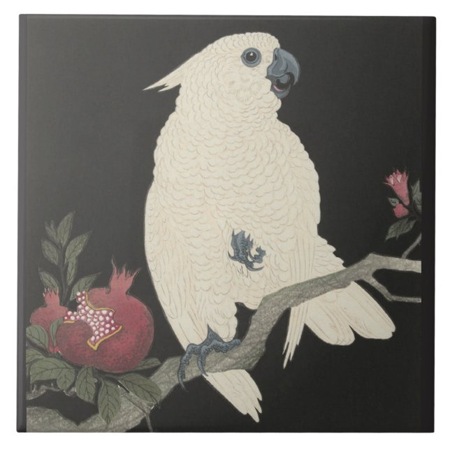 Kockatoo och granatäpplen av Ohara Koson Kakelplatta (Framsidan)