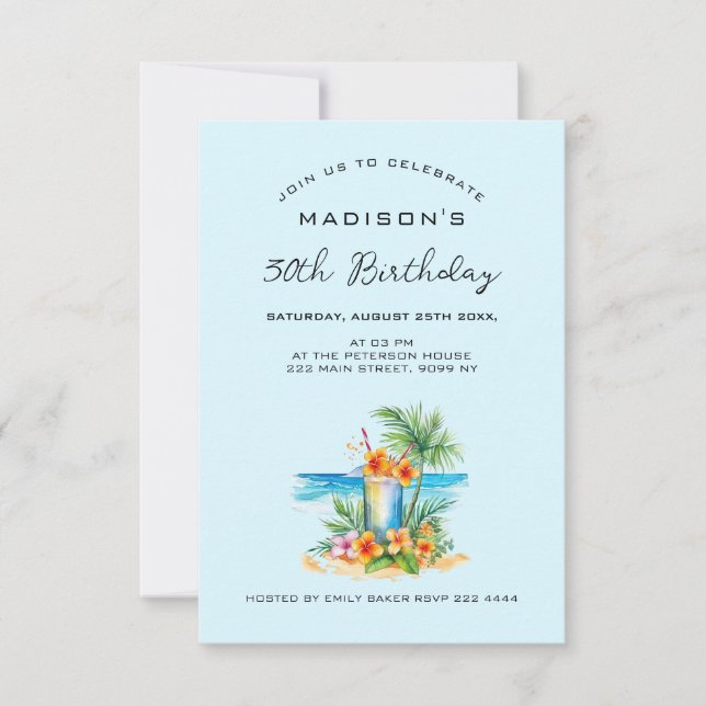 Kocksvans och exotiskt blomma på blåfödelsedagen inbjudningar (Framsida)