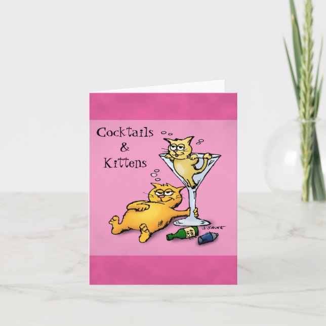 Kocktails & Kittens Blank Inside Rosa Note Card Kort (Framsida)